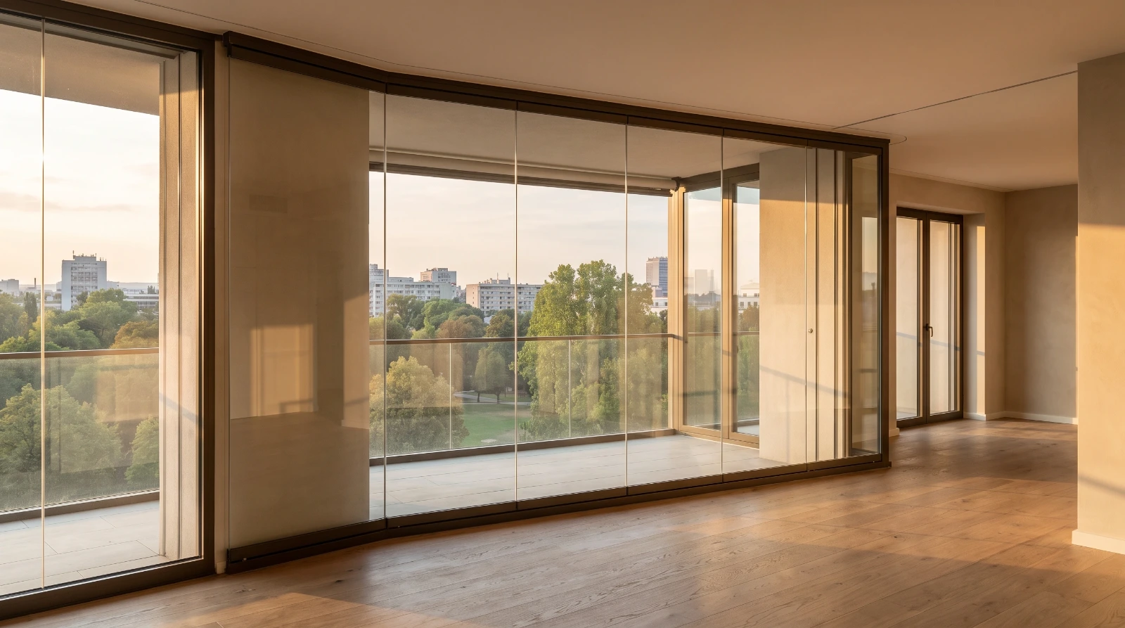 Sala envidraçada com fechamento de sacada em vidro temperado, vista para o parque ao fim da tarde